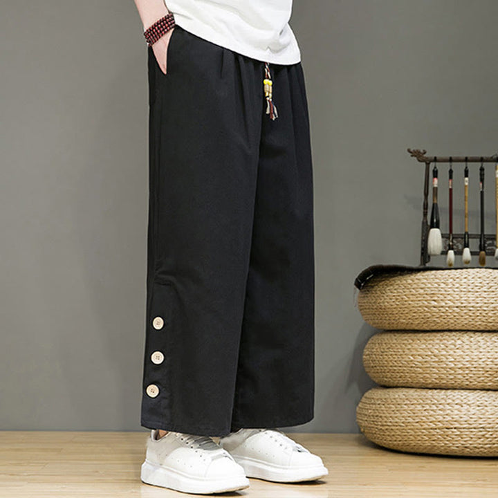 Buddha Stones無地リネンボタンドローストリングメンズストレートレッグパンツ（ポケット付き） - image 13