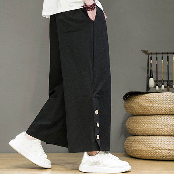 Buddha Stones無地リネンボタンドローストリングメンズストレートレッグパンツ（ポケット付き） - image 9