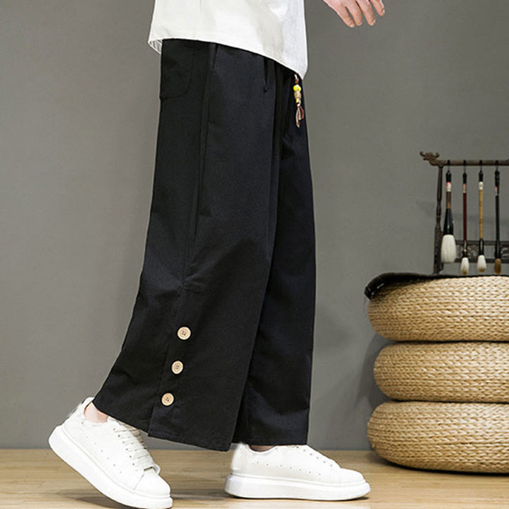 Buddha Stones無地リネンボタンドローストリングメンズストレートレッグパンツ（ポケット付き） - image 14