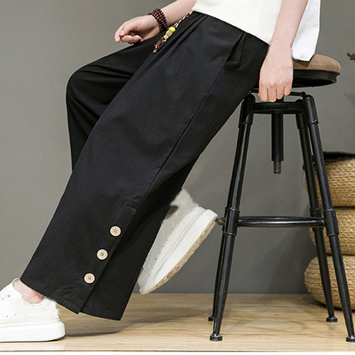 Buddha Stones無地リネンボタンドローストリングメンズストレートレッグパンツ（ポケット付き） - image 14
