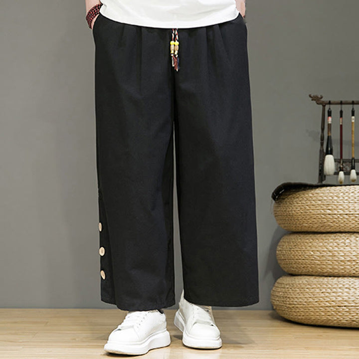 Buddha Stones無地リネンボタンドローストリングメンズストレートレッグパンツ（ポケット付き） - image 12