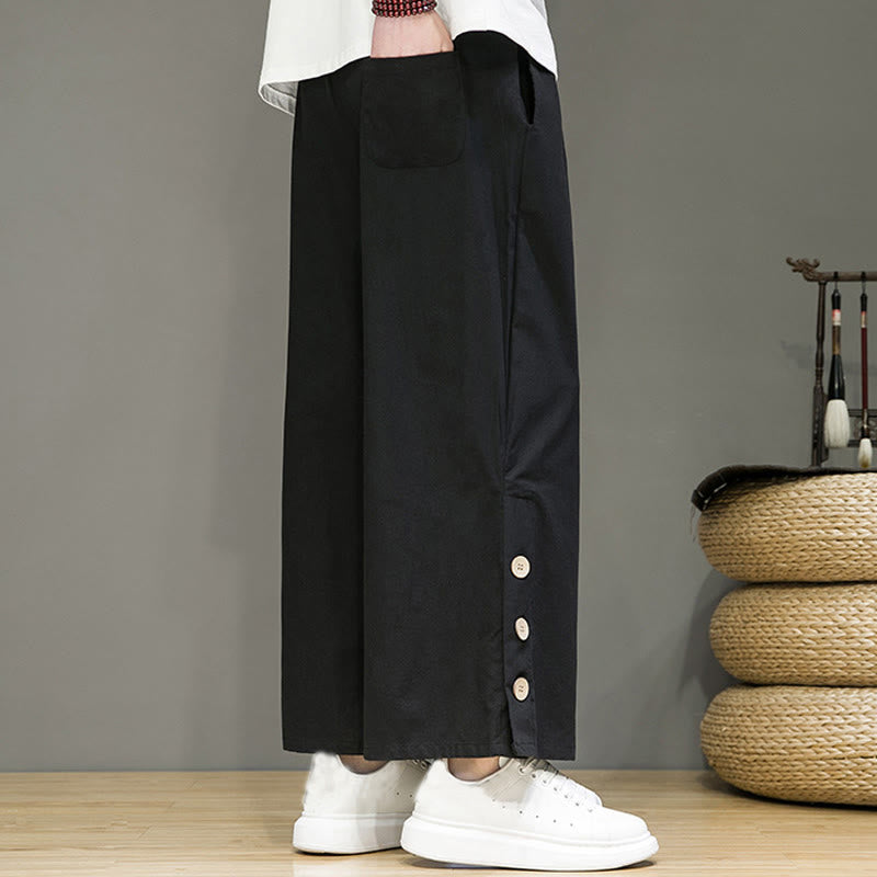 Buddha Stones無地リネンボタンドローストリングメンズストレートレッグパンツ（ポケット付き） - image 11