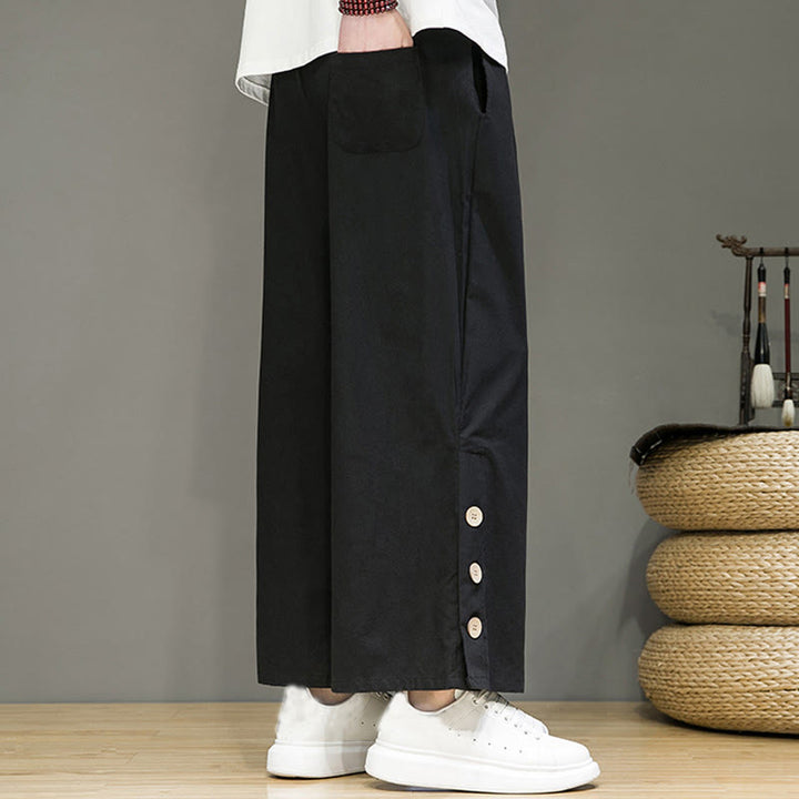 Buddha Stones無地リネンボタンドローストリングメンズストレートレッグパンツ（ポケット付き） - image 11