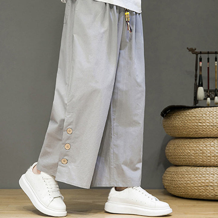 Buddha Stones無地リネンボタンドローストリングメンズストレートレッグパンツ（ポケット付き） - image 20