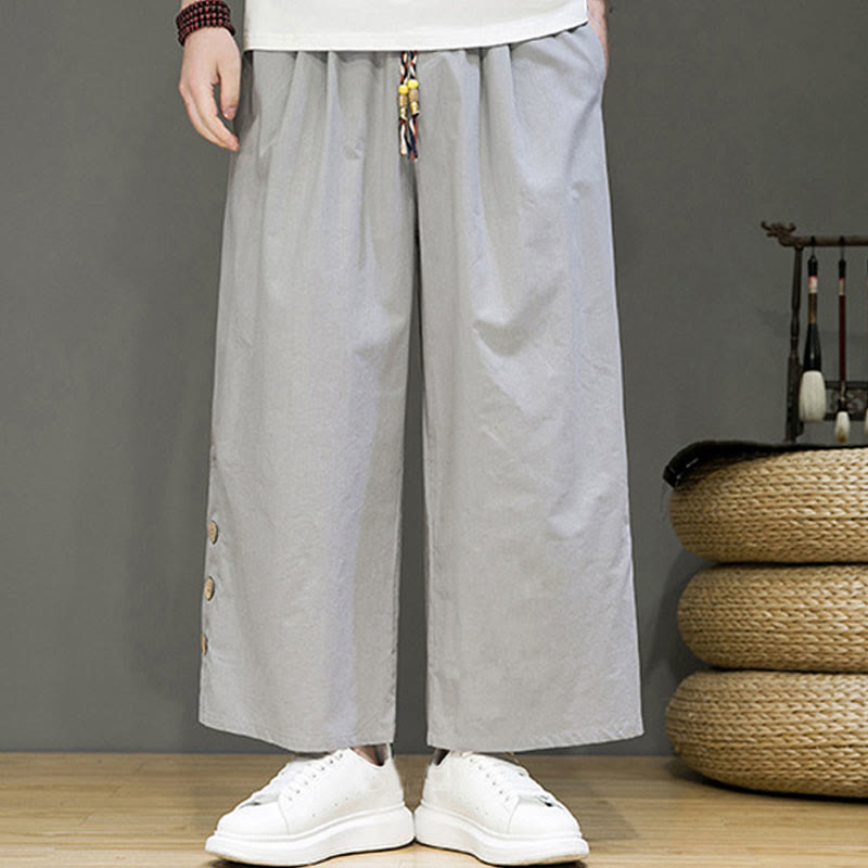 Buddha Stones無地リネンボタンドローストリングメンズストレートレッグパンツ（ポケット付き） - image 18