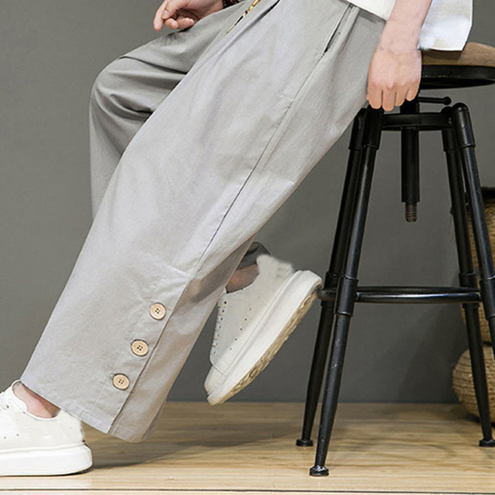 Buddha Stones無地リネンボタンドローストリングメンズストレートレッグパンツ（ポケット付き） - image 25