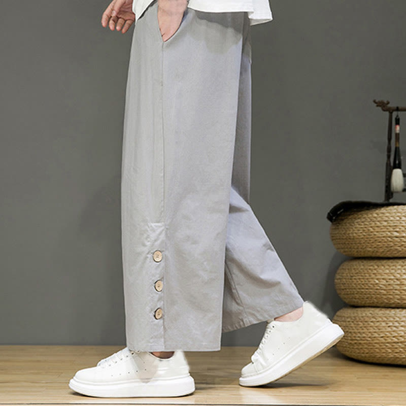Buddha Stones無地リネンボタンドローストリングメンズストレートレッグパンツ（ポケット付き） - image 23