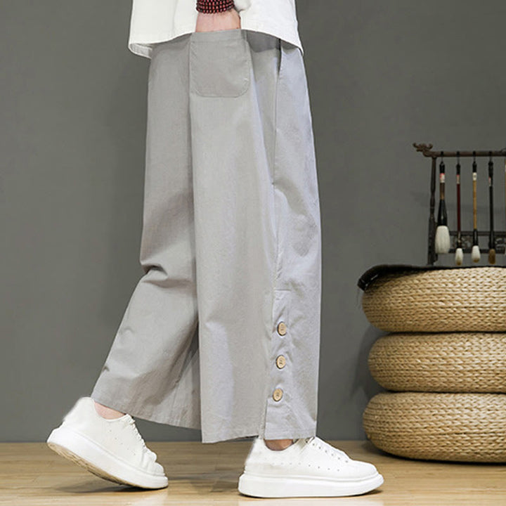 Buddha Stones無地リネンボタンドローストリングメンズストレートレッグパンツ（ポケット付き） - image 22