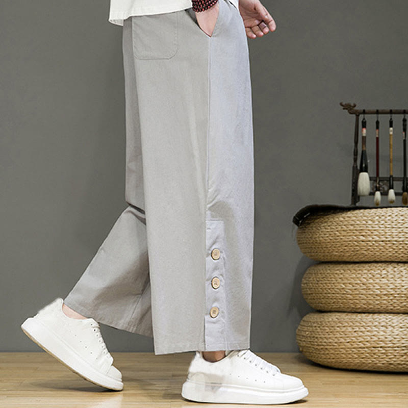 Buddha Stones無地リネンボタンドローストリングメンズストレートレッグパンツ（ポケット付き） - image 21