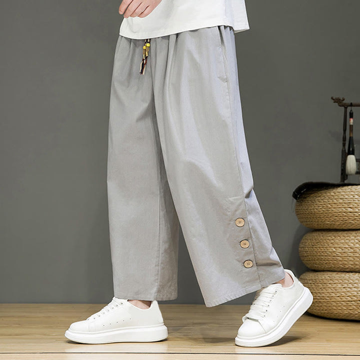 Buddha Stones無地リネンボタンドローストリングメンズストレートレッグパンツ（ポケット付き） - image 19