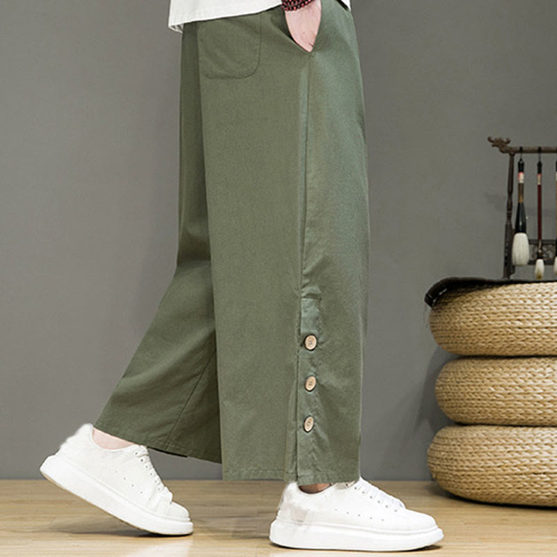 Buddha Stones無地リネンボタンドローストリングメンズストレートレッグパンツ（ポケット付き） - image 31