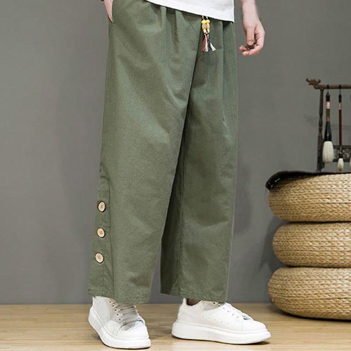 Buddha Stones無地リネンボタンドローストリングメンズストレートレッグパンツ（ポケット付き） - image 30