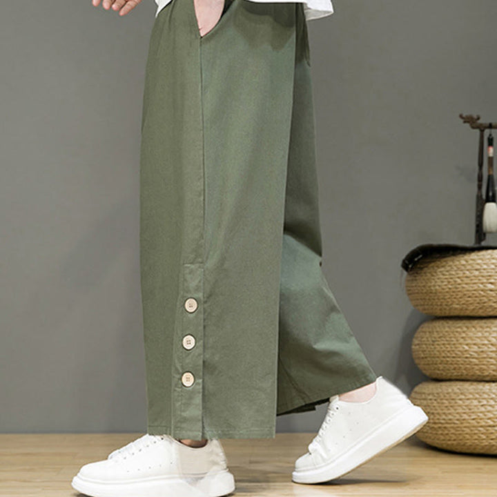 Buddha Stones無地リネンボタンドローストリングメンズストレートレッグパンツ（ポケット付き） - image 31