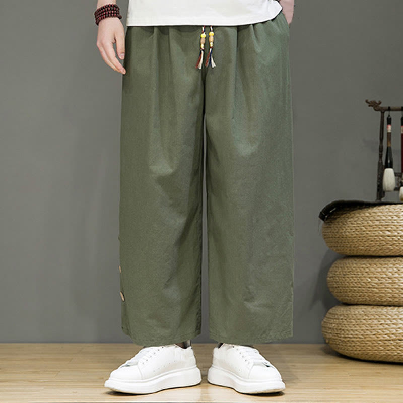 Buddha Stones無地リネンボタンドローストリングメンズストレートレッグパンツ（ポケット付き） - image 27