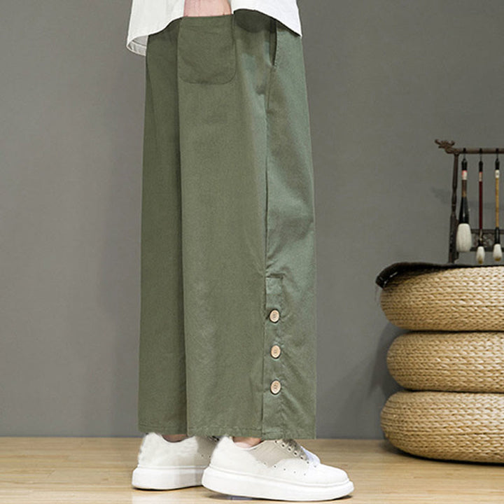 Buddha Stones無地リネンボタンドローストリングメンズストレートレッグパンツ（ポケット付き） - image 28