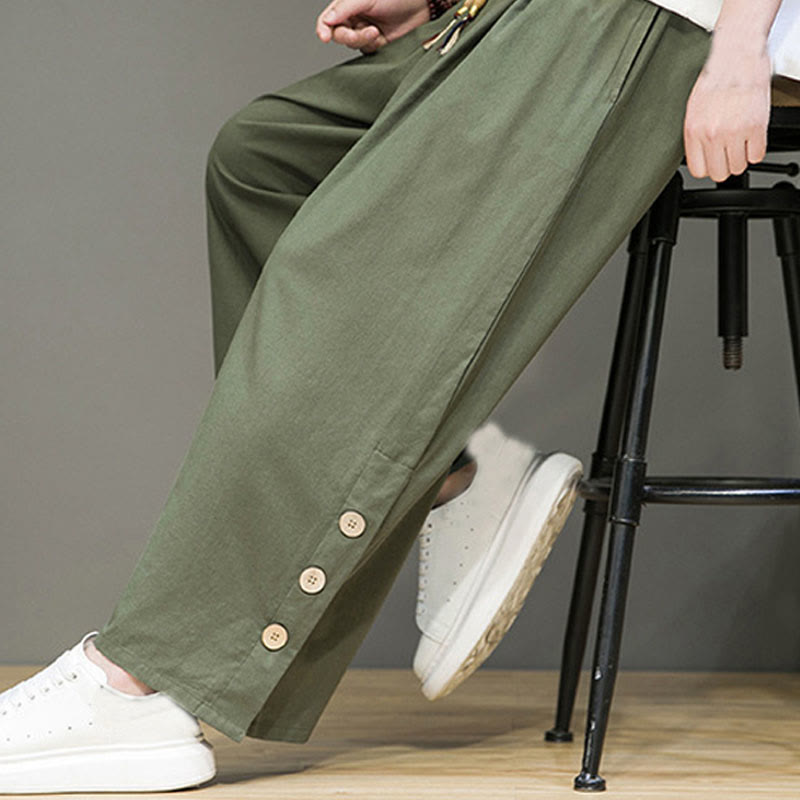 Buddha Stones無地リネンボタンドローストリングメンズストレートレッグパンツ（ポケット付き） - image 32