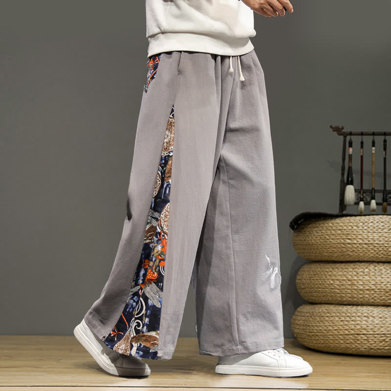 Buddha Stonesと鶴の刺繍入りドローストリングメンズコットンリネンワイドレッグパンツ（ポケット付き） - ライトグレー - US/UK/AU46、 EU56 (5XL) - image 22