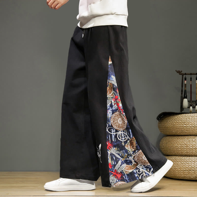 Buddha Stonesと鶴の刺繍入りドローストリングメンズコットンリネンワイドレッグパンツ（ポケット付き） - 黒 - US/UK/AU46、 EU56 (5XL) - image 9
