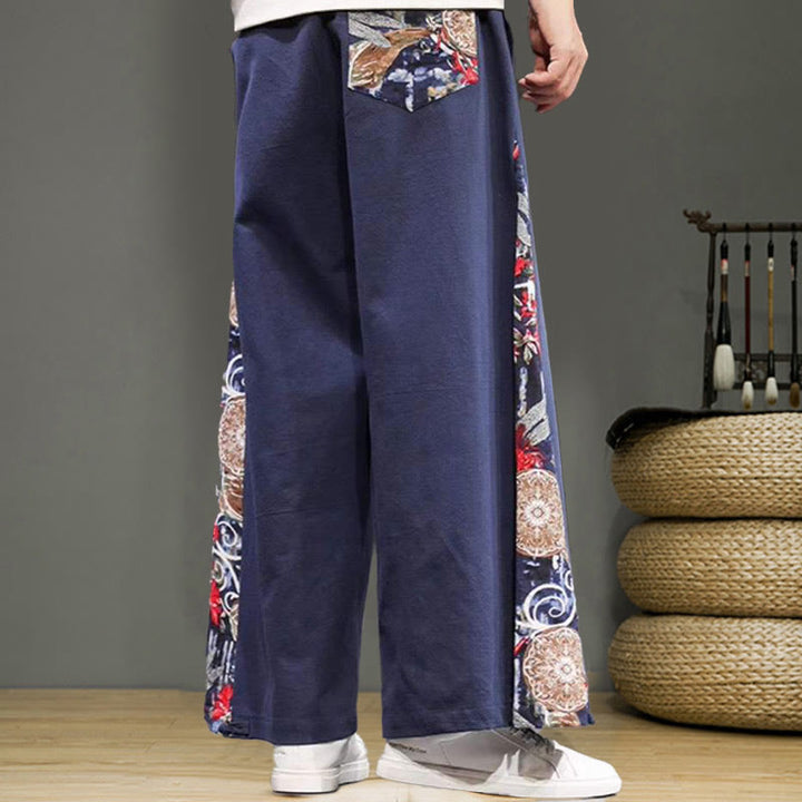 Buddha Stonesと鶴の刺繍入りドローストリングメンズコットンリネンワイドレッグパンツ（ポケット付き） - image 5