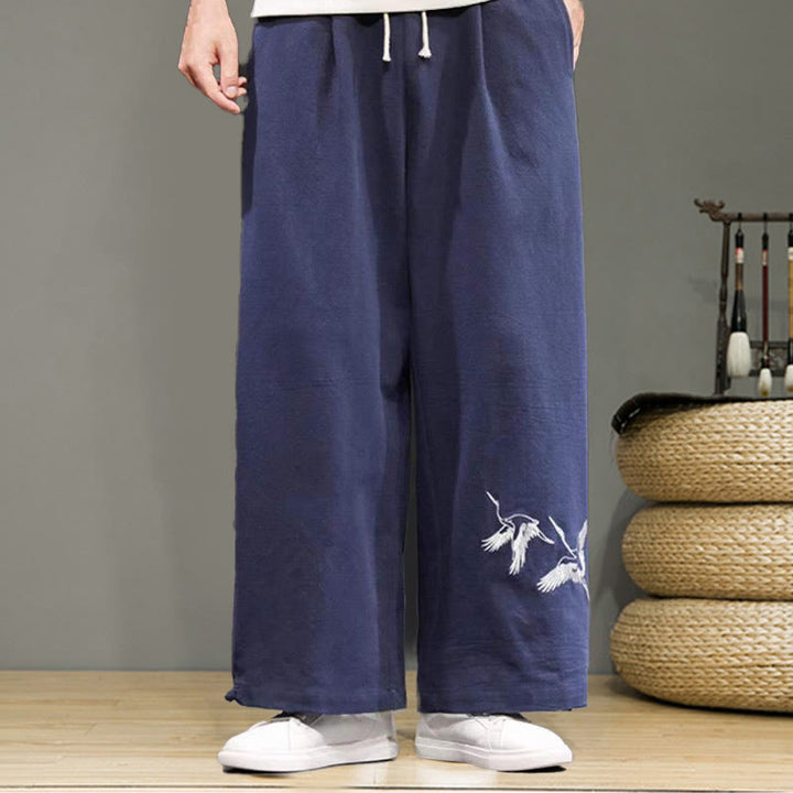 Buddha Stonesと鶴の刺繍入りドローストリングメンズコットンリネンワイドレッグパンツ（ポケット付き） - image 3