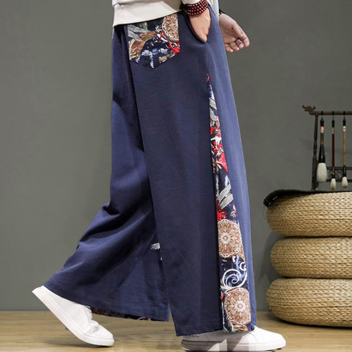 Buddha Stonesと鶴の刺繍入りドローストリングメンズコットンリネンワイドレッグパンツ（ポケット付き） - image 6