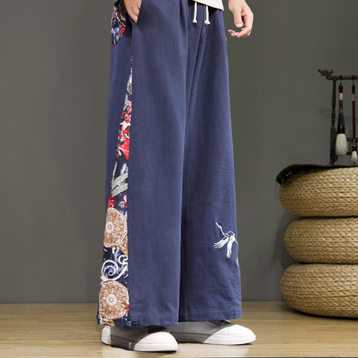 Buddha Stonesと鶴の刺繍入りドローストリングメンズコットンリネンワイドレッグパンツ（ポケット付き） - image 4
