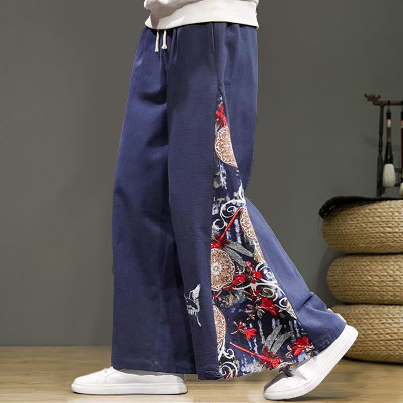 Buddha Stonesと鶴の刺繍入りドローストリングメンズコットンリネンワイドレッグパンツ（ポケット付き） - image 2