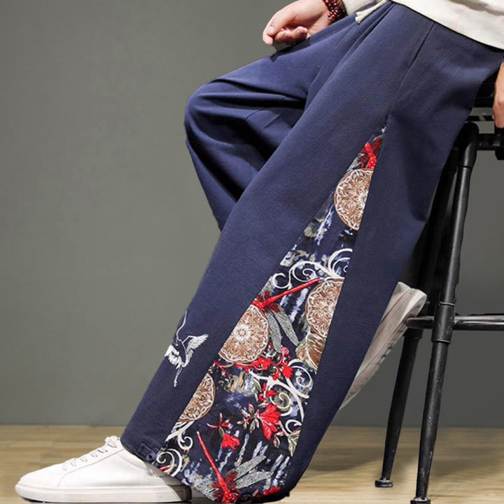 Buddha Stonesと鶴の刺繍入りドローストリングメンズコットンリネンワイドレッグパンツ（ポケット付き） - image 8