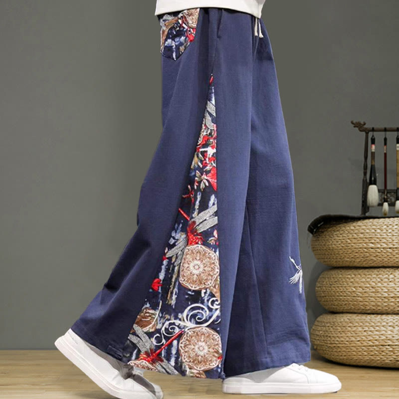 Buddha Stonesと鶴の刺繍入りドローストリングメンズコットンリネンワイドレッグパンツ（ポケット付き） - image 7