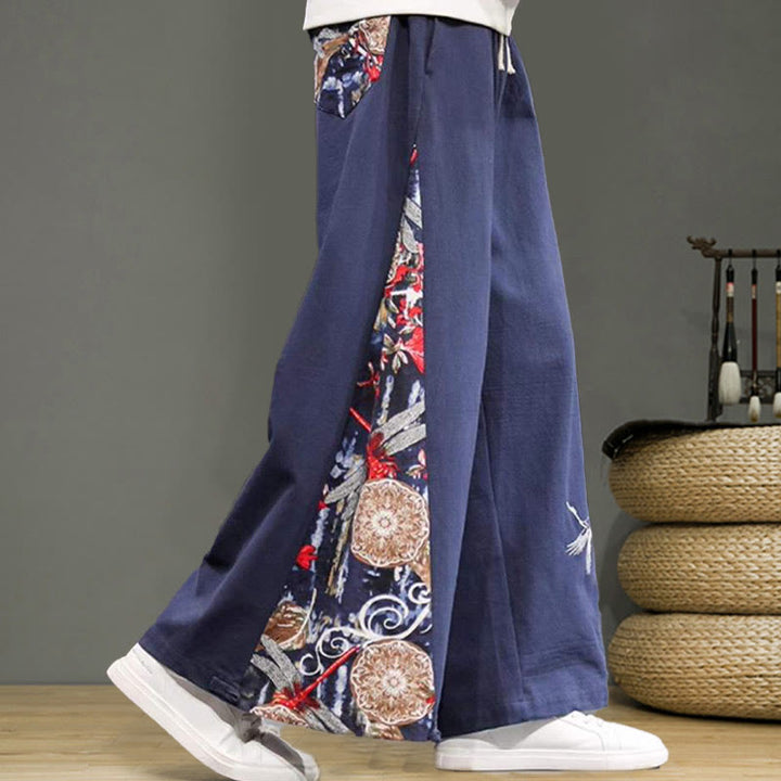 Buddha Stonesと鶴の刺繍入りドローストリングメンズコットンリネンワイドレッグパンツ（ポケット付き） - image 7