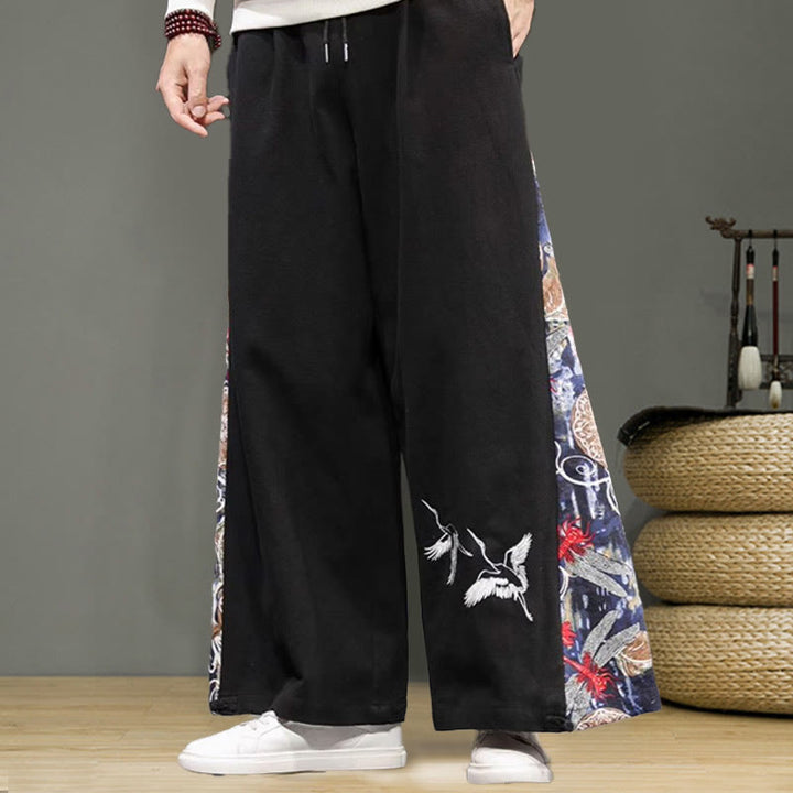 Buddha Stonesと鶴の刺繍入りドローストリングメンズコットンリネンワイドレッグパンツ（ポケット付き） - image 11