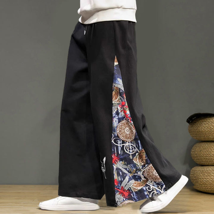 Buddha Stonesと鶴の刺繍入りドローストリングメンズコットンリネンワイドレッグパンツ（ポケット付き） - image 17