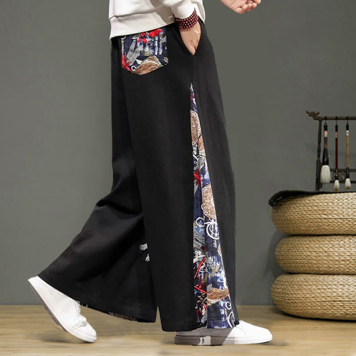 Buddha Stonesと鶴の刺繍入りドローストリングメンズコットンリネンワイドレッグパンツ（ポケット付き） - image 16