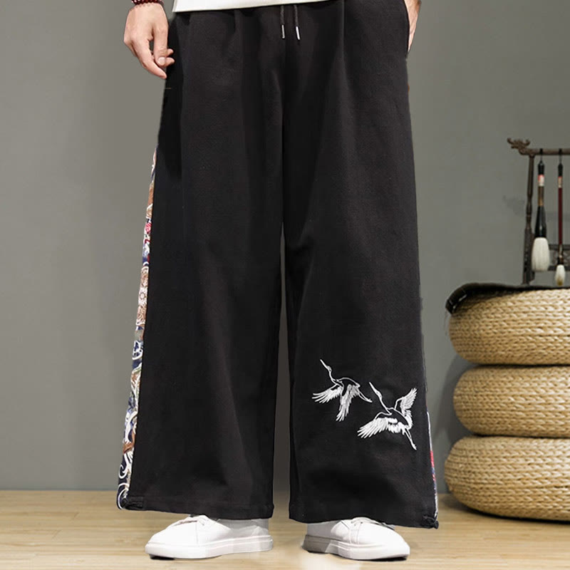 Buddha Stonesと鶴の刺繍入りドローストリングメンズコットンリネンワイドレッグパンツ（ポケット付き） - image 14