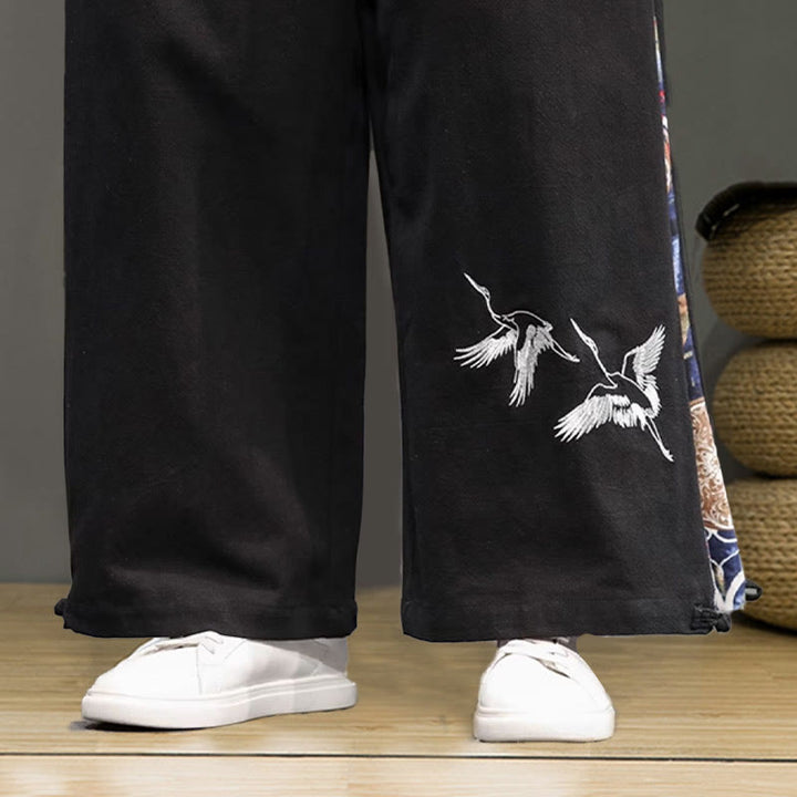 Buddha Stonesと鶴の刺繍入りドローストリングメンズコットンリネンワイドレッグパンツ（ポケット付き） - image 21
