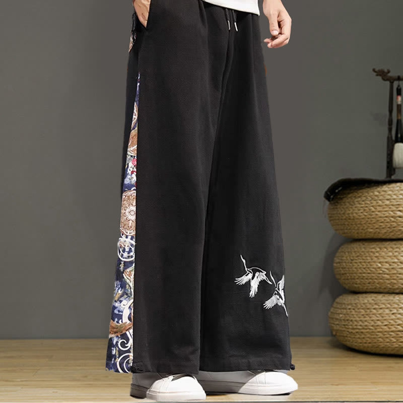 Buddha Stonesと鶴の刺繍入りドローストリングメンズコットンリネンワイドレッグパンツ（ポケット付き） - image 15