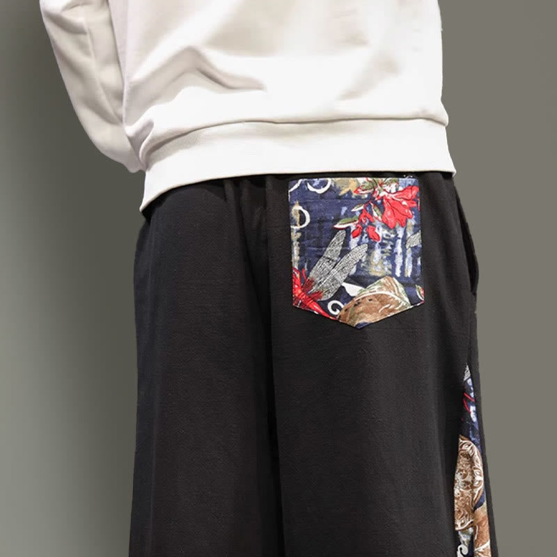 Buddha Stonesと鶴の刺繍入りドローストリングメンズコットンリネンワイドレッグパンツ（ポケット付き） - image 19