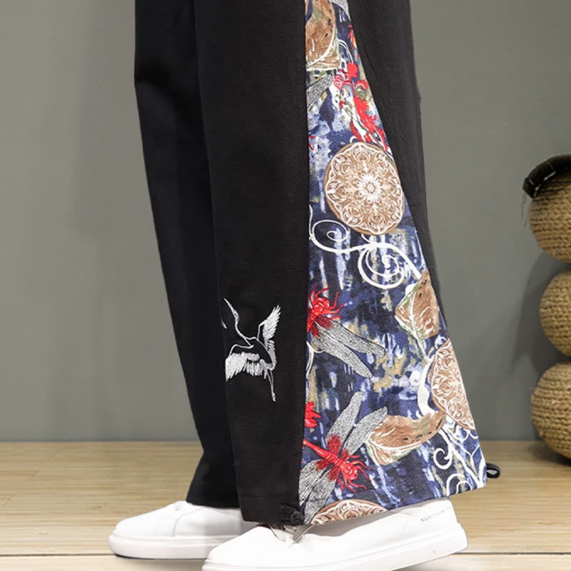 Buddha Stonesと鶴の刺繍入りドローストリングメンズコットンリネンワイドレッグパンツ（ポケット付き） - image 20
