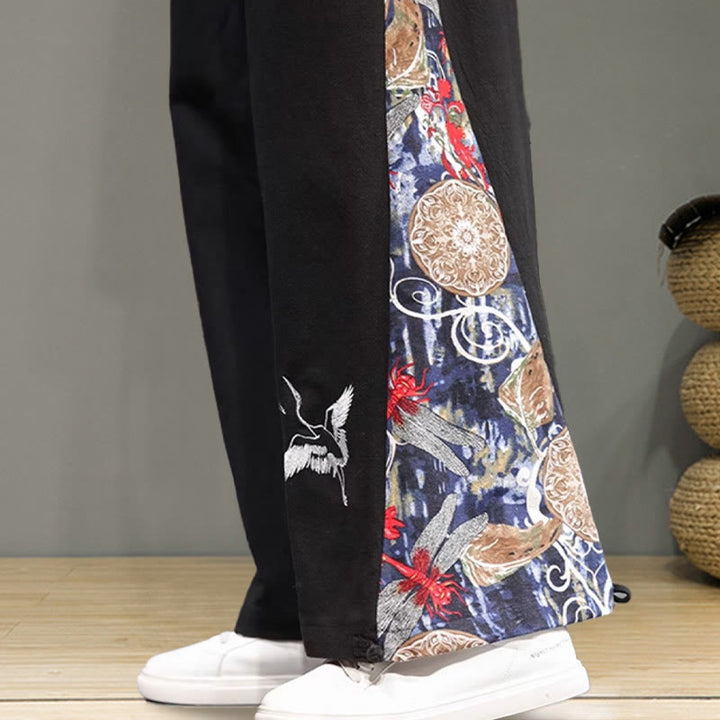 Buddha Stonesと鶴の刺繍入りドローストリングメンズコットンリネンワイドレッグパンツ（ポケット付き） - image 20