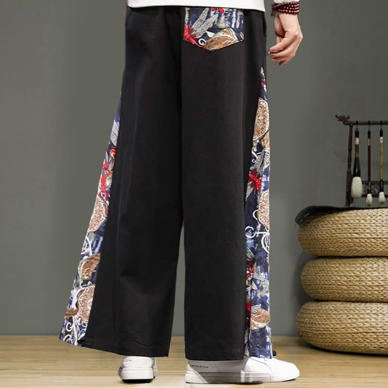 Buddha Stonesと鶴の刺繍入りドローストリングメンズコットンリネンワイドレッグパンツ（ポケット付き） - image 12