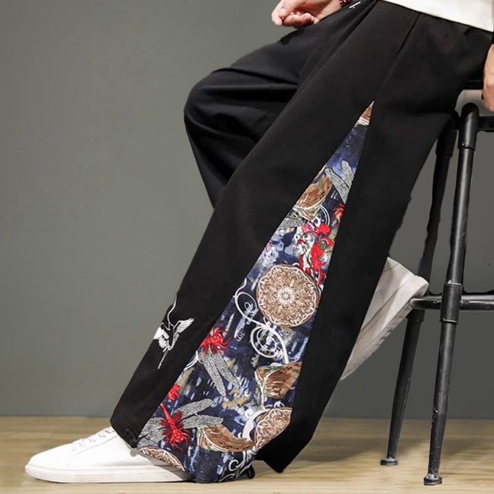 Buddha Stonesと鶴の刺繍入りドローストリングメンズコットンリネンワイドレッグパンツ（ポケット付き） - image 13
