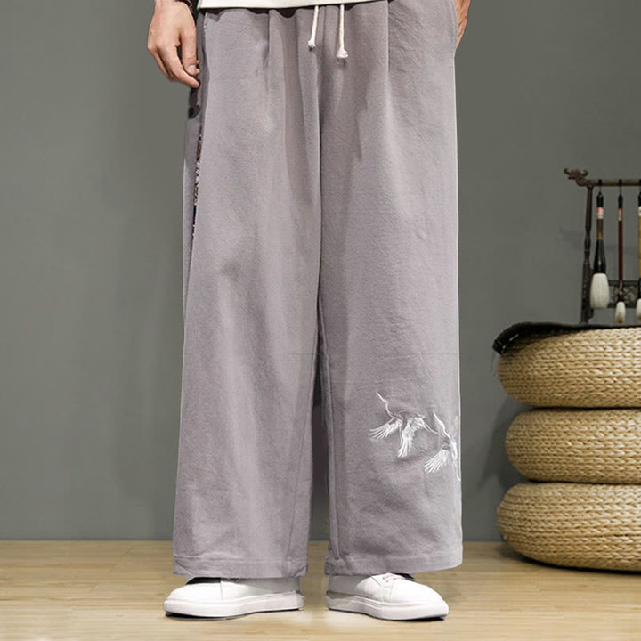 Buddha Stonesと鶴の刺繍入りドローストリングメンズコットンリネンワイドレッグパンツ（ポケット付き） - image 27
