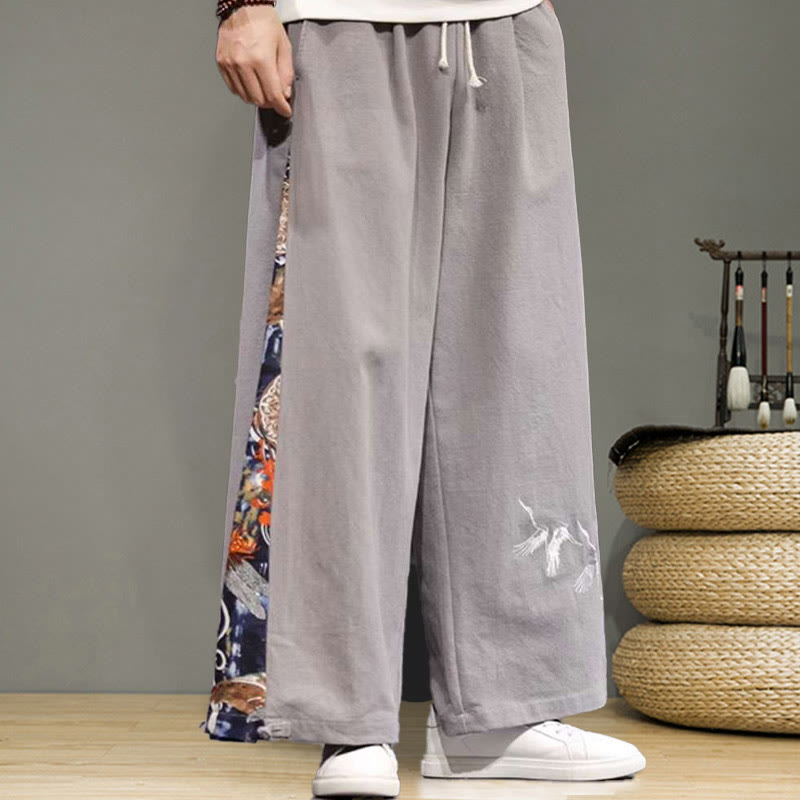 Buddha Stonesと鶴の刺繍入りドローストリングメンズコットンリネンワイドレッグパンツ（ポケット付き） - image 24