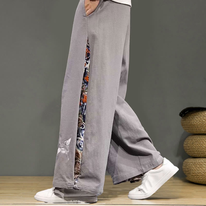 Buddha Stonesと鶴の刺繍入りドローストリングメンズコットンリネンワイドレッグパンツ（ポケット付き） - image 26