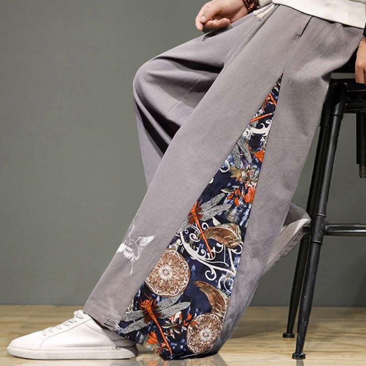 Buddha Stonesと鶴の刺繍入りドローストリングメンズコットンリネンワイドレッグパンツ（ポケット付き） - image 30