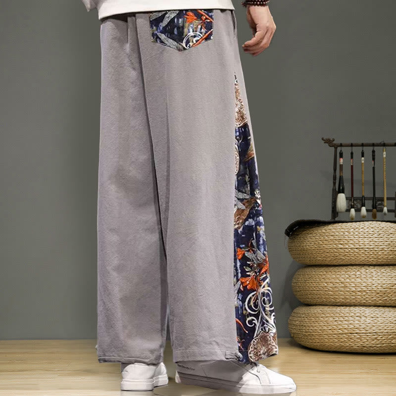 Buddha Stonesと鶴の刺繍入りドローストリングメンズコットンリネンワイドレッグパンツ（ポケット付き） - image 25
