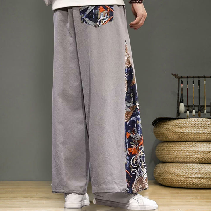 Buddha Stonesと鶴の刺繍入りドローストリングメンズコットンリネンワイドレッグパンツ（ポケット付き） - image 25