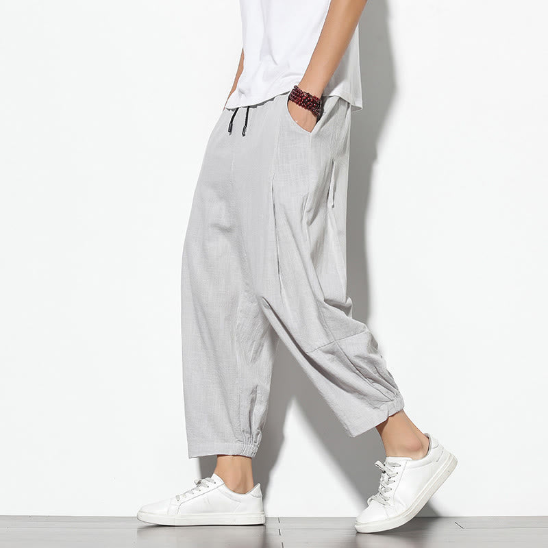 Buddha Stones夏 メンズ 7-8丈 コットンリネン キャロットパンツ ポケット付き - ライトグレー - US/UK/AU46、 EU56 (5XL) - image 4