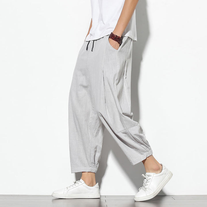 Buddha Stones夏 メンズ 7-8丈 コットンリネン キャロットパンツ ポケット付き - ライトグレー - US/UK/AU46、 EU56 (5XL) - image 3