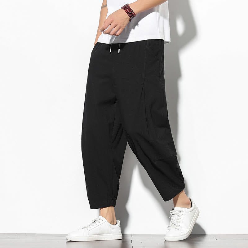 Buddha Stones夏 メンズ 7-8丈 コットンリネン キャロットパンツ ポケット付き - 黒 - US/UK/AU46、 EU56 (5XL) - image 13